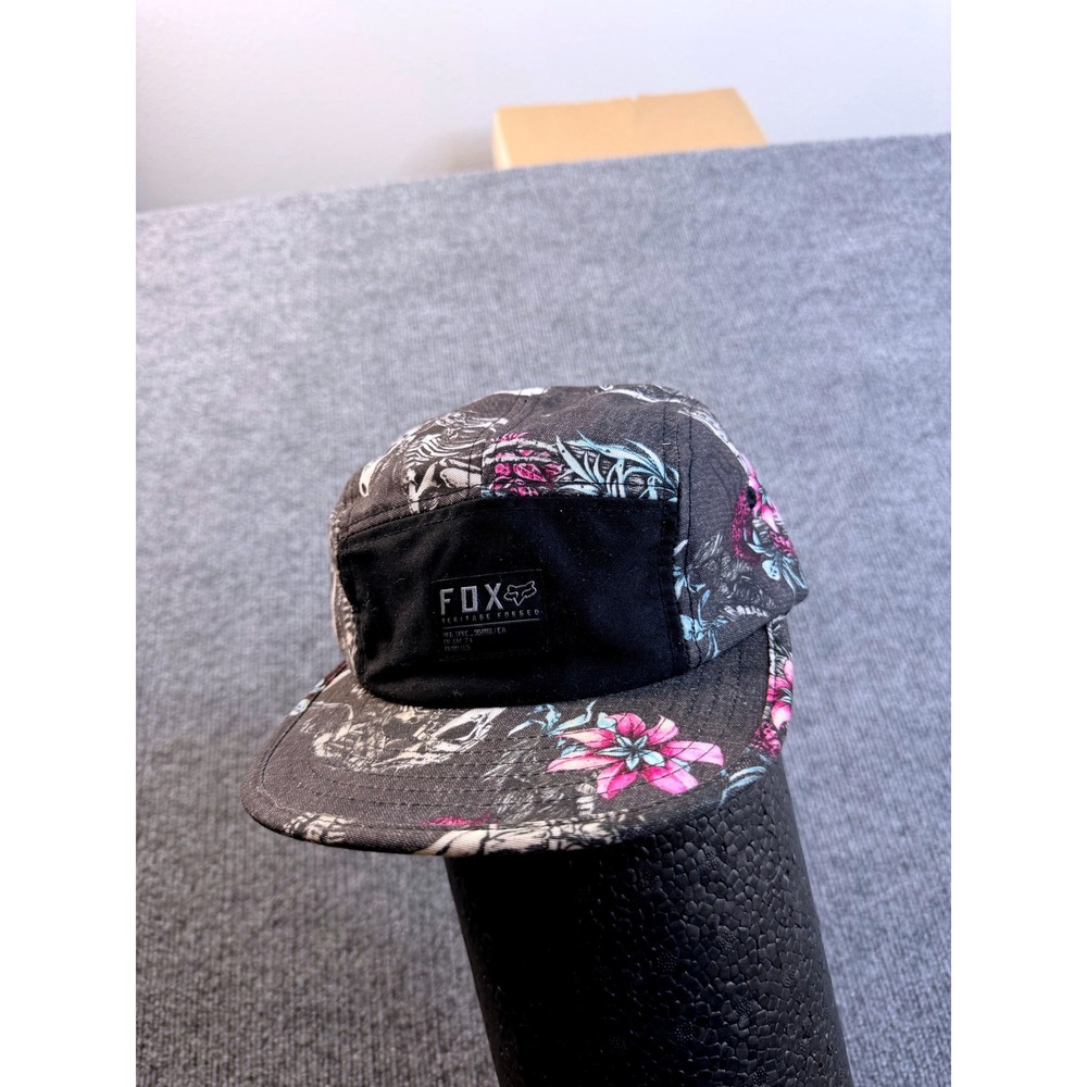 Fox Racing OSFA Black Floral Dinosaur Skeleton 5 Panel Camper Hat Flat Brim Cap